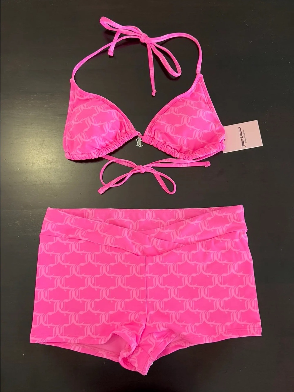 Juicy Couture Hot Pink Rhinestone Logo Bikini Set with Shorts - Picture 2 of 5